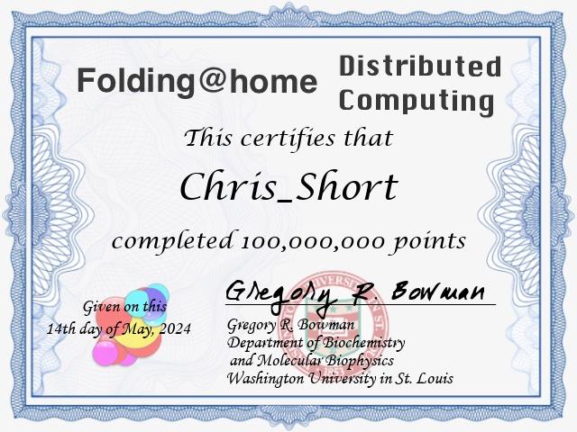 Folding@Home Certificate for 100,000,000 points