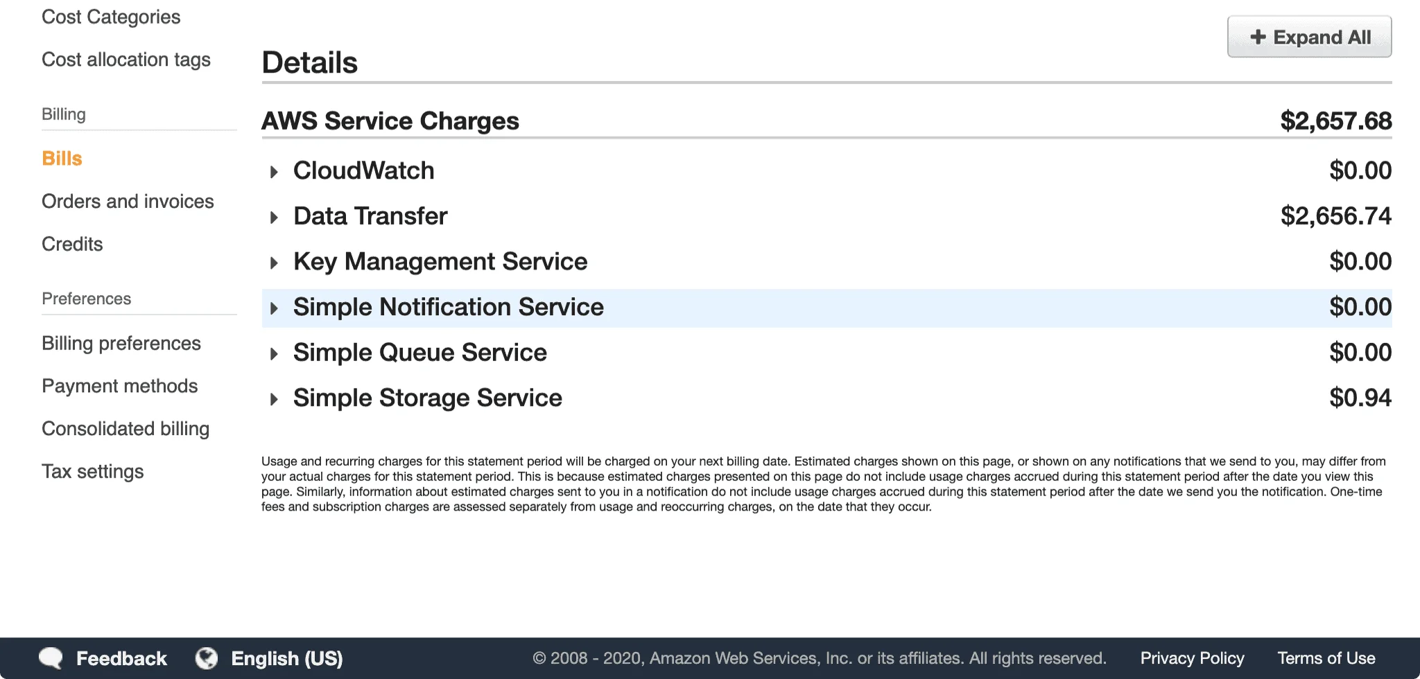 AWS Billing landing page showing a $2,657.68 balance